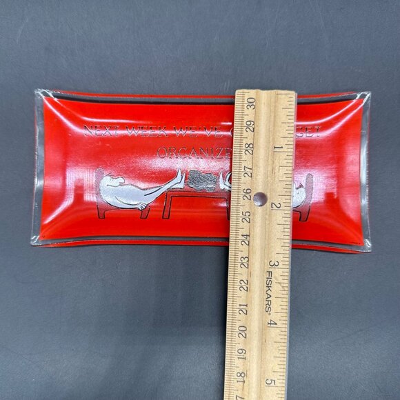 Vintage Trinket Dish Tray 1970s Red Glass Procrastinator Organized Kitschy Humor - Picture 9 of 9